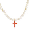 Cultured Pearl Necklace with Natural Coral Cross and 18K Gold - MIMUKA