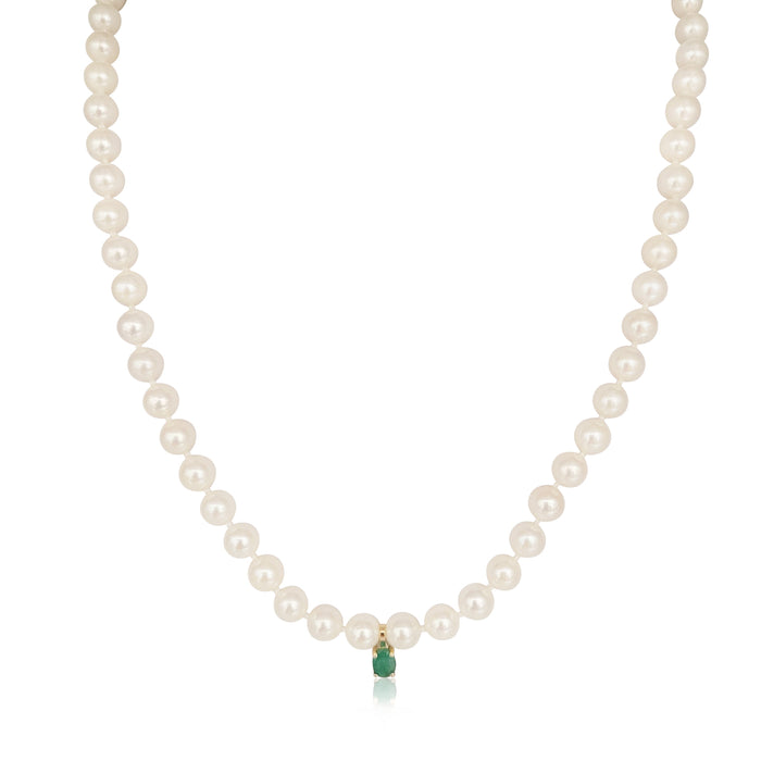 Cultured Pearl Necklace with Natural Emerald and 18K Gold – Handcrafted in Spain – 45 cm - MIMUKA