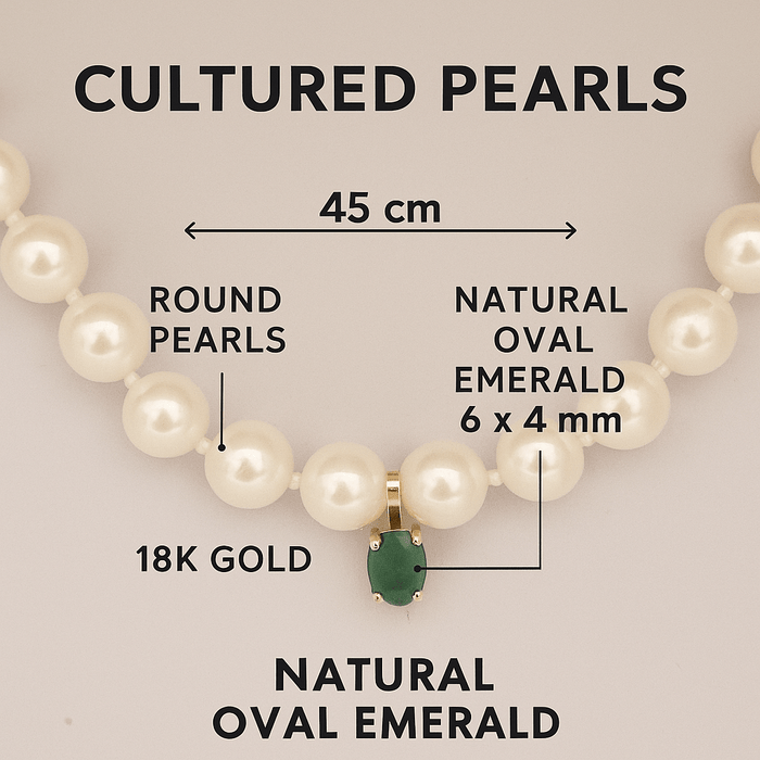 Cultured Pearl Necklace with Natural Emerald and 18K Gold – Handcrafted in Spain – 45 cm - MIMUKA