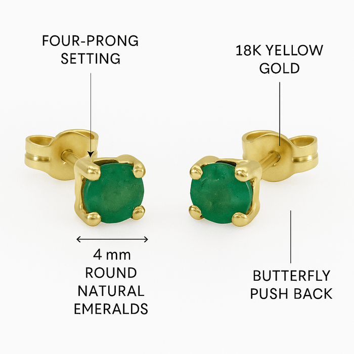Mimuka Jewels 18K Yellow Gold Emerald Stud Earrings – 4mm Round Natural Emeralds - MIMUKA