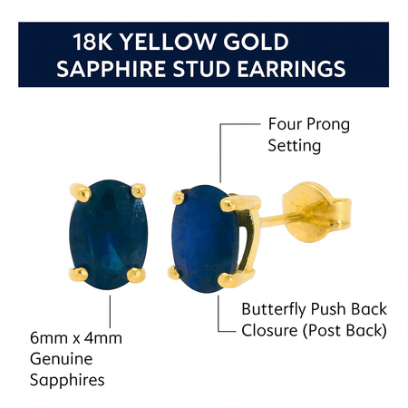 Mimuka Jewels 18K Yellow Gold Oval Sapphire Stud Earrings – 6x4mm Natural Sapphires - MIMUKA