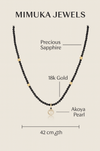 Mimuka Jewels 18K Yellow Gold Sapphire Necklace with Japanese Akoya Cultured Pearl – 42 cm | Handmade Fine Jewelry - MIMUKA
