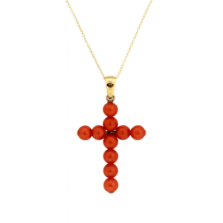 Natural Coral Cross Pendant in 18K Yellow Gold – 20 x 14 mm – Handcrafted Eleganceural Coral Cross and 18K Yellow Gold - MIMUKA