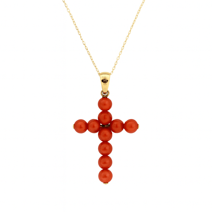 Natural Coral Cross Pendant in 18K Yellow Gold – 20 x 14 mm – Handcrafted Eleganceural Coral Cross and 18K Yellow Gold - MIMUKA