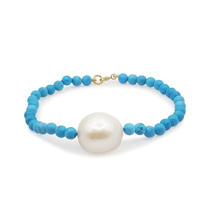 Pulsera de Perla Cultivada y Turquesa Natural, Oro Amarillo 18K - MIMUKA