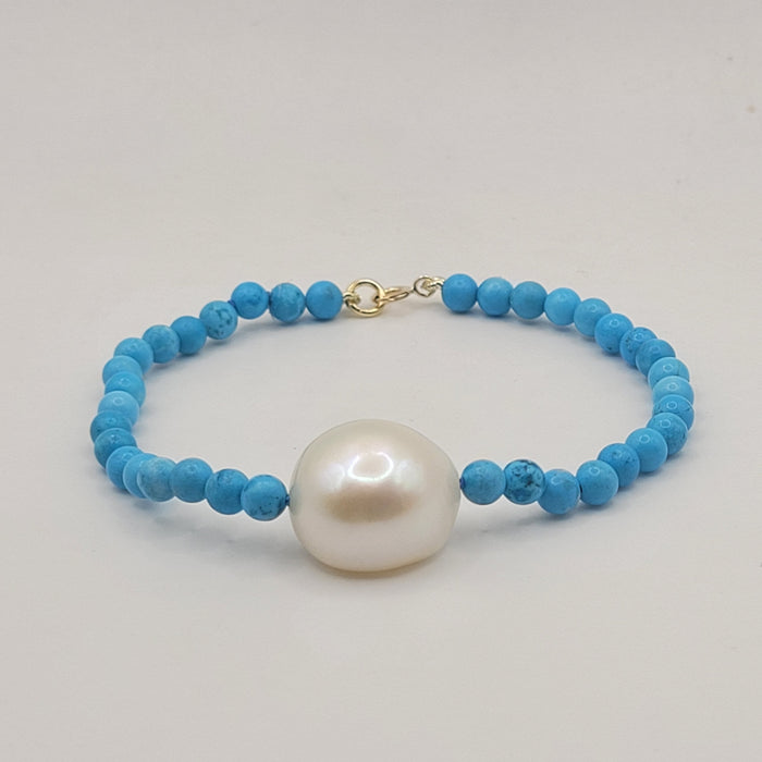 Pulsera de Perla Cultivada y Turquesa Natural, Oro Amarillo 18K - MIMUKA