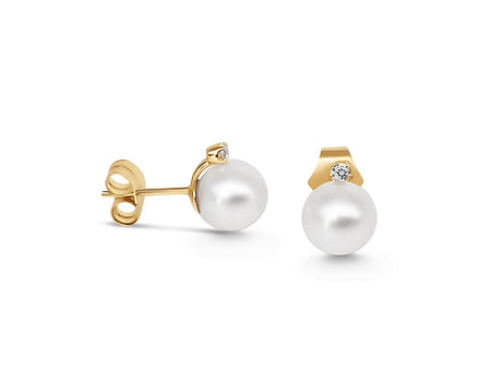 Stud Earring Diamonds, Cultured Pearls, 9K Gold - MIMUKA