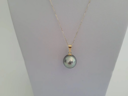 Tahiti Pearl 14 mm Silver- Green Natural Color, 18 Karat Solid Gold Pendant Necklace -  The South Sea Pearl