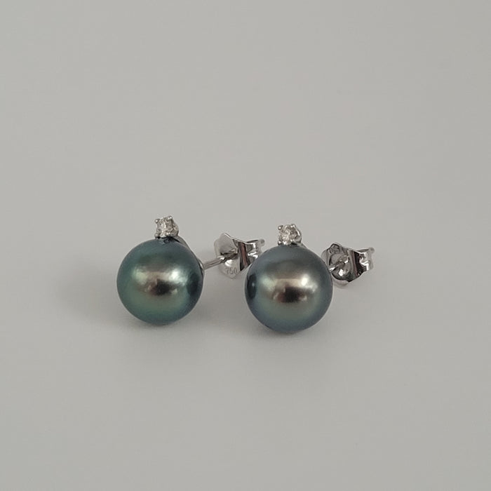 Tahiti Pearl Earrings 9-10 mm,  Natural Diamonds & 18K White Gold |  The South Sea Pearl |  The South Sea Pearl