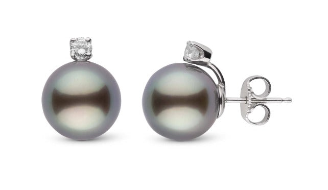 Tahiti Pearl Earrings 9-10 mm,  Natural Diamonds & 18K White Gold |  The South Sea Pearl |  The South Sea Pearl